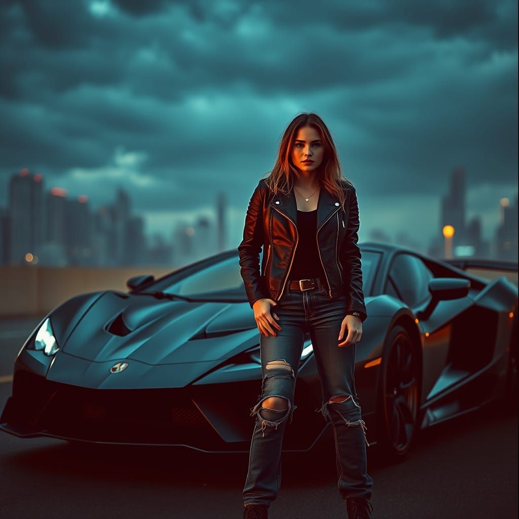 Confident Woman Stands Beside Futuristic Sports Car in Moody...