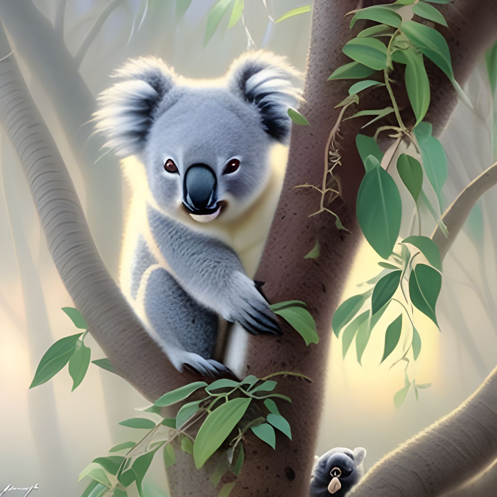 Whimsical Eucalyptus Forest Scene in Ethereal Light