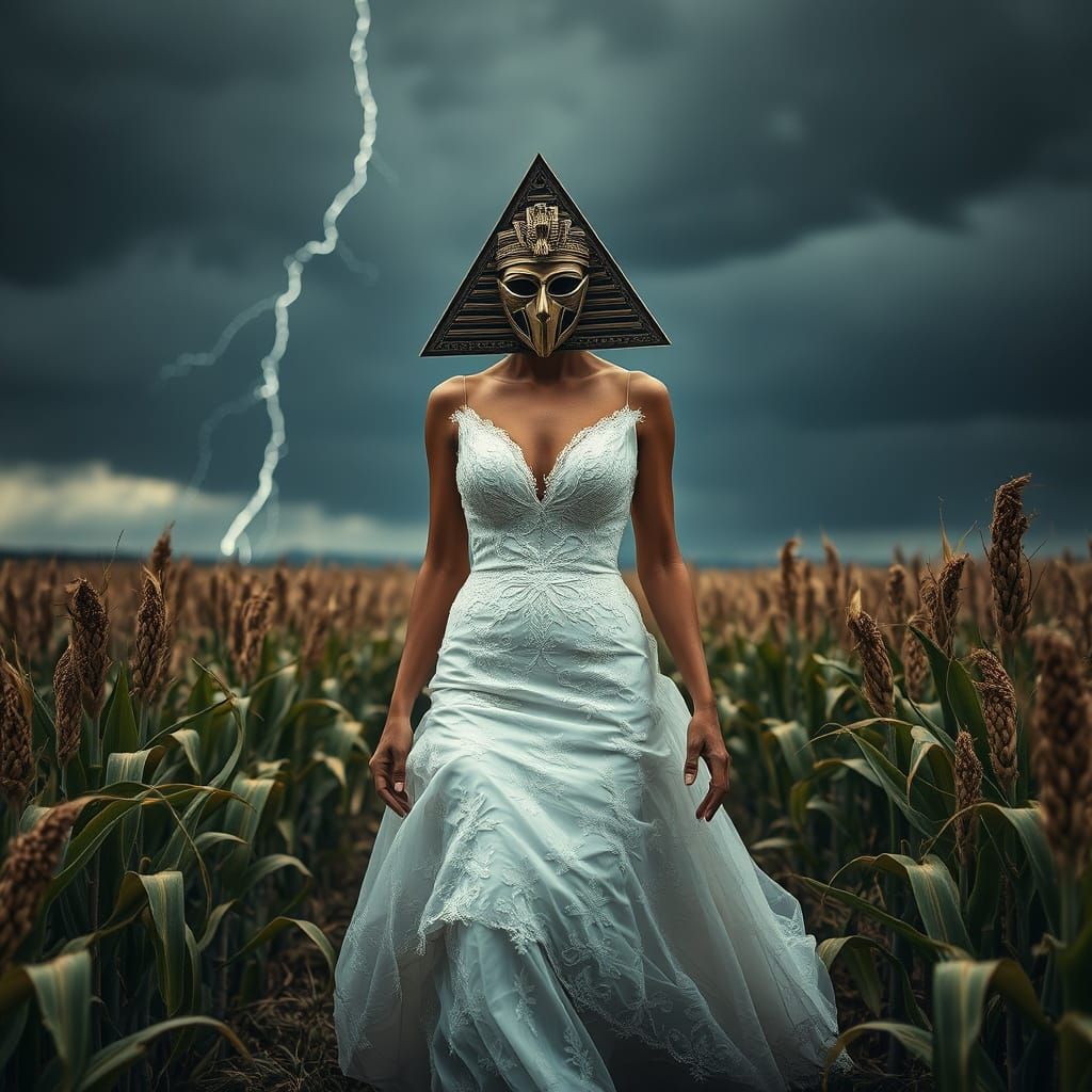 Mysterious Bride in Stormy Cornfield, Surreal Hyperrealism