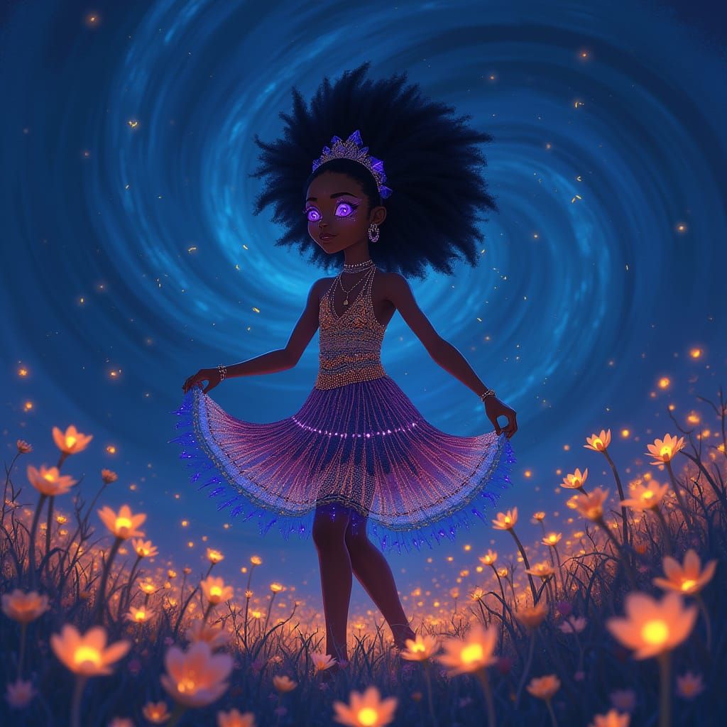 African Girl Dancing in Bioluminescent Field, Afrofuturism