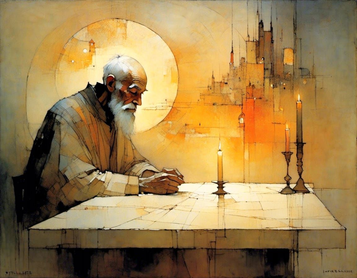 Mysterious Old Man in Candlelit Study