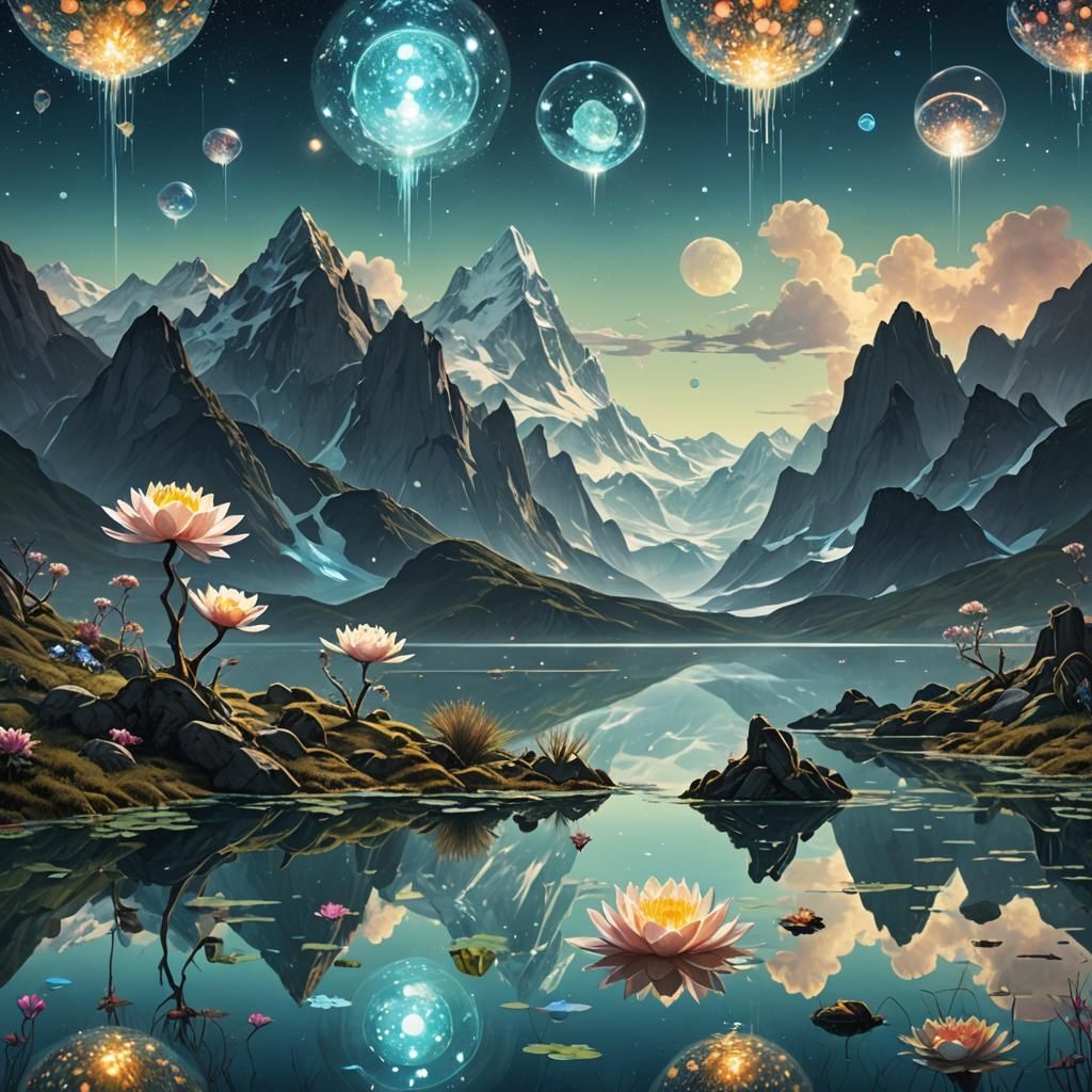 Floating Bioluminescent Mountains at Dusk