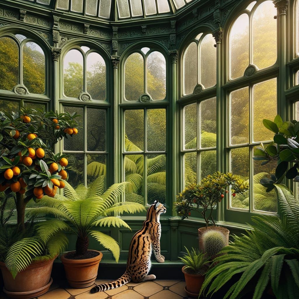 Wild Ocelot Amidst English Orangery Greenery