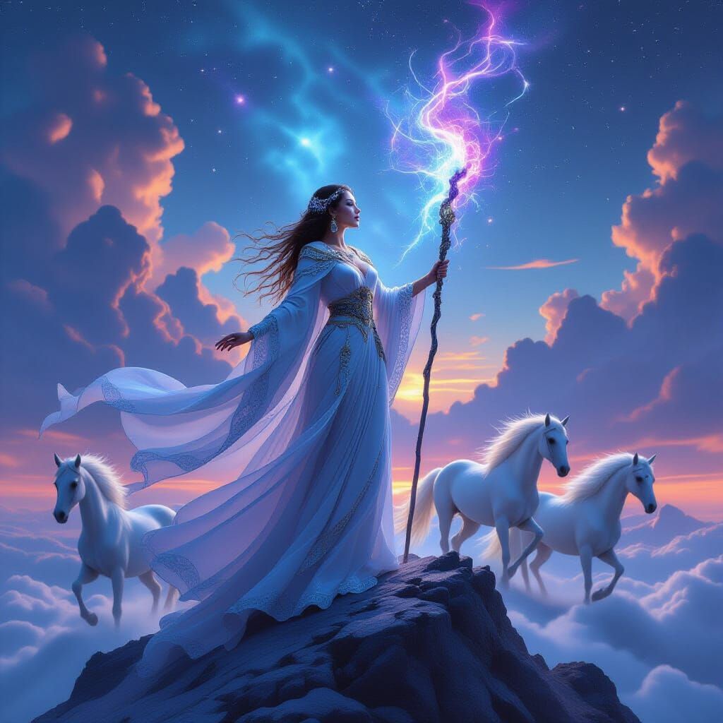 Celestial Sorceress on Mountain Peak with Energy Staff