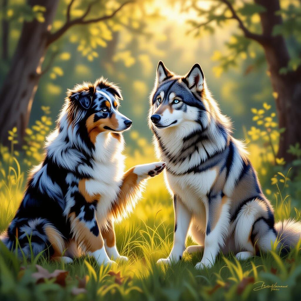 Australian Shepherd Offers Paw to Wolf in Forest