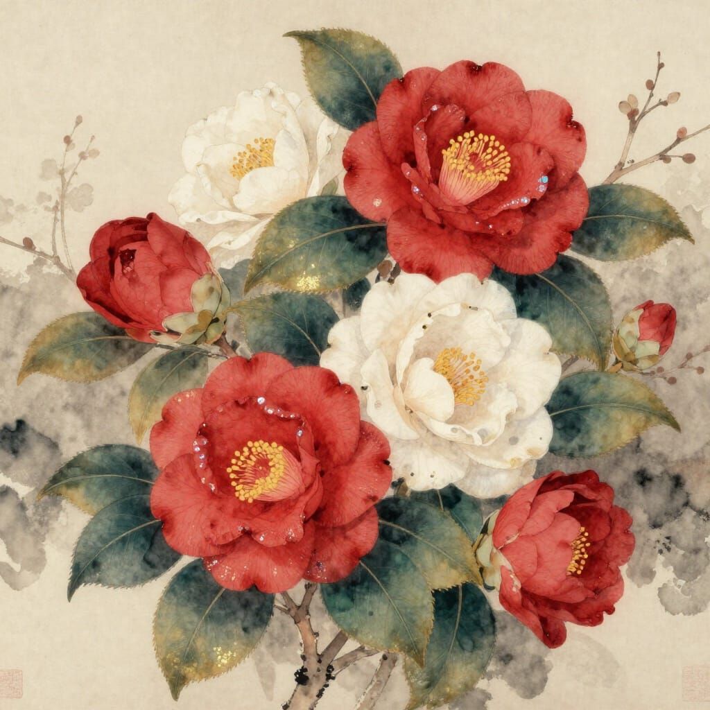 Korean Style Camellia Blooms in Golden Hour Light