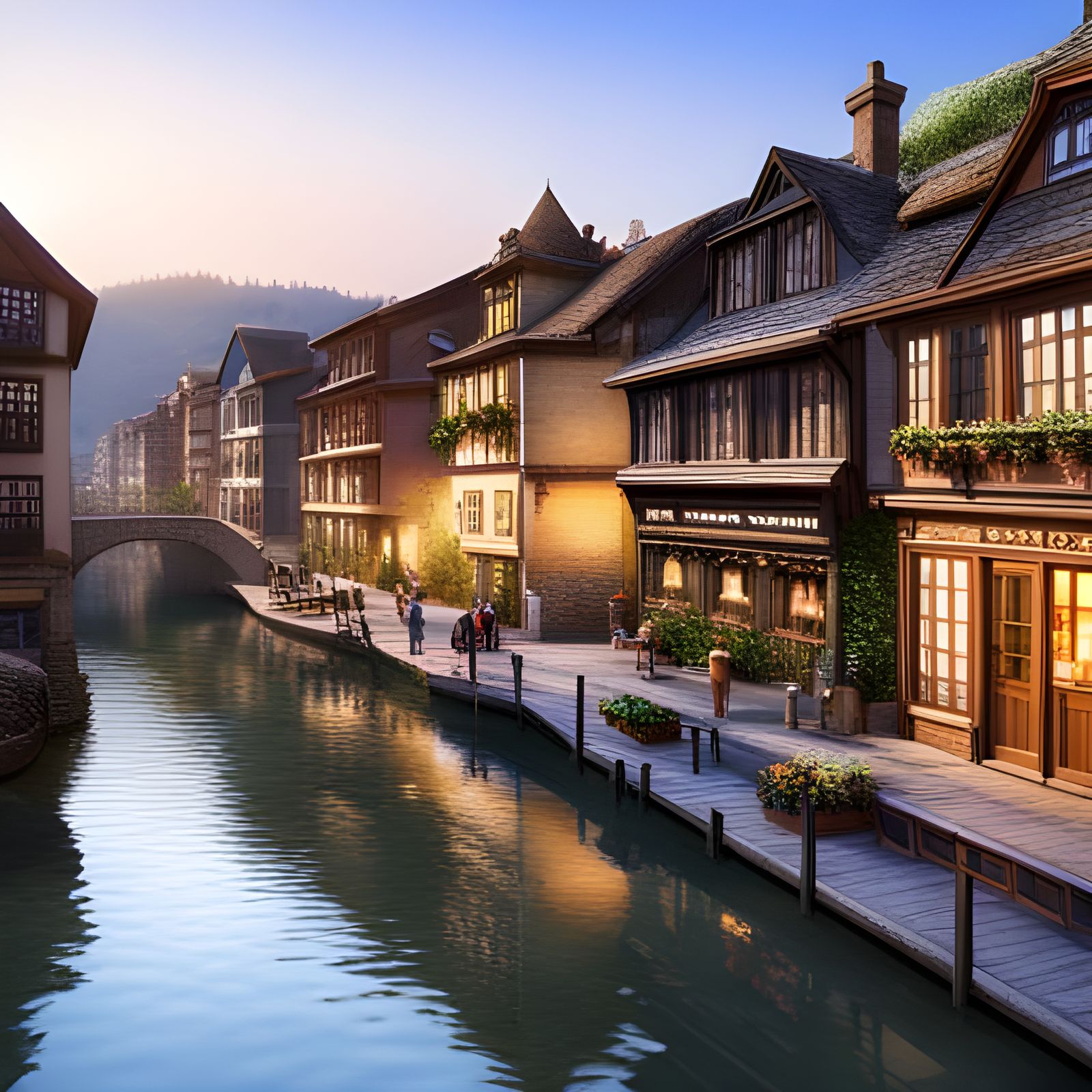 Serene Riverside Village in Golden Hour