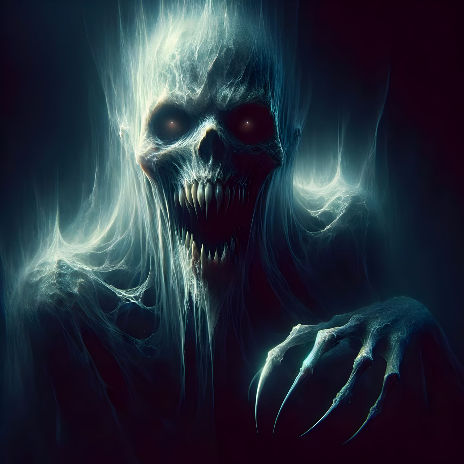 Ghostly Demon with Terror-Inducing Snarl in Chiaroscuro