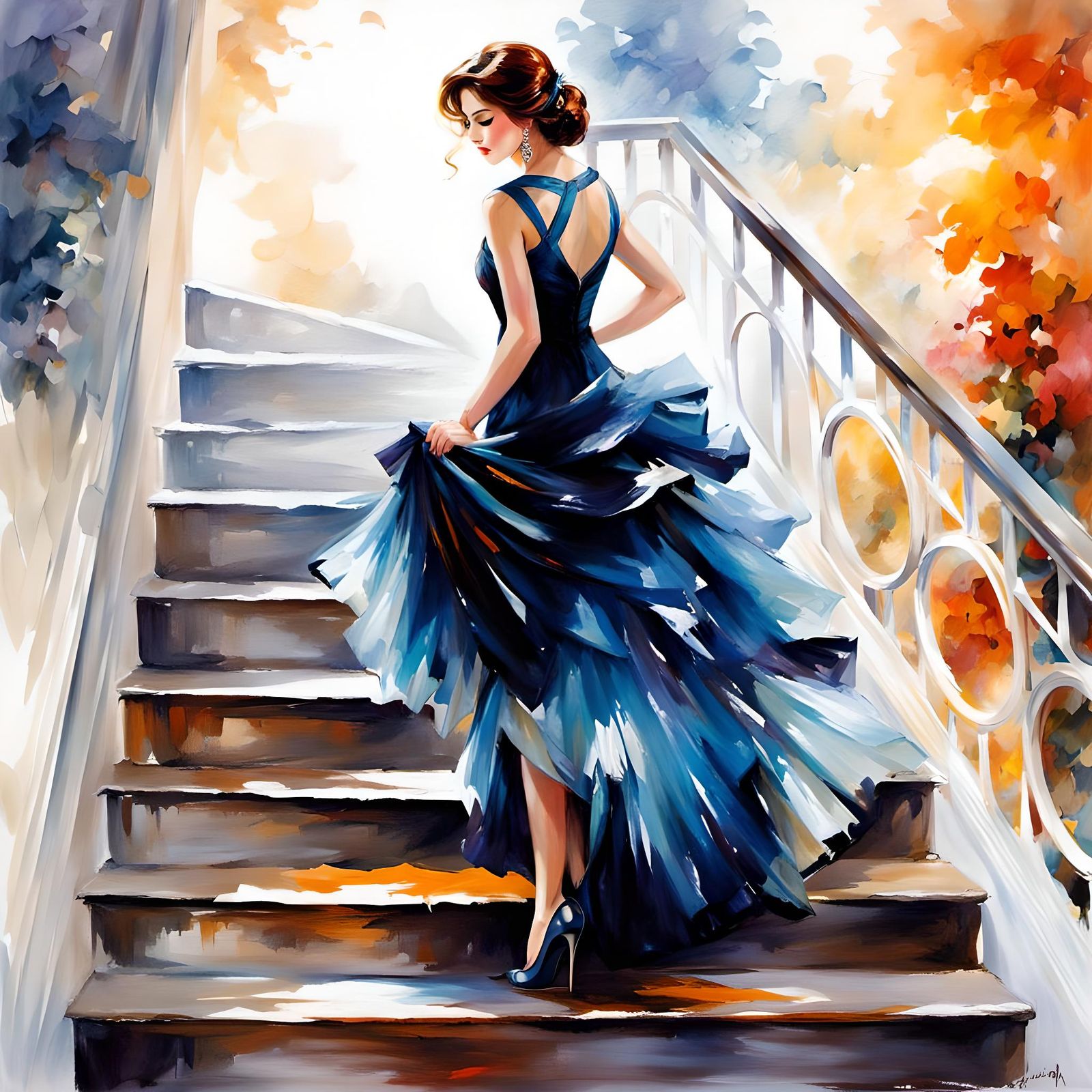 Woman in Elegant Dress Climbs Staircase in Traditional Fresc...