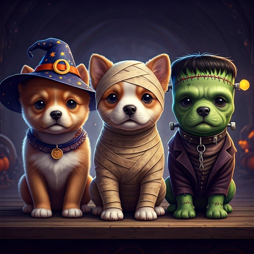 Adorable Puppies in a Fantastical Halloween Ensemble