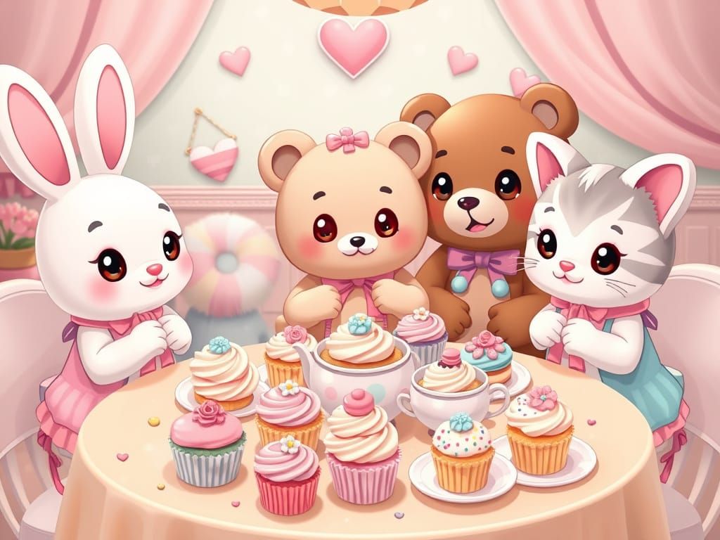 Kawaii Cartoon Animals at Pastel Tea Party