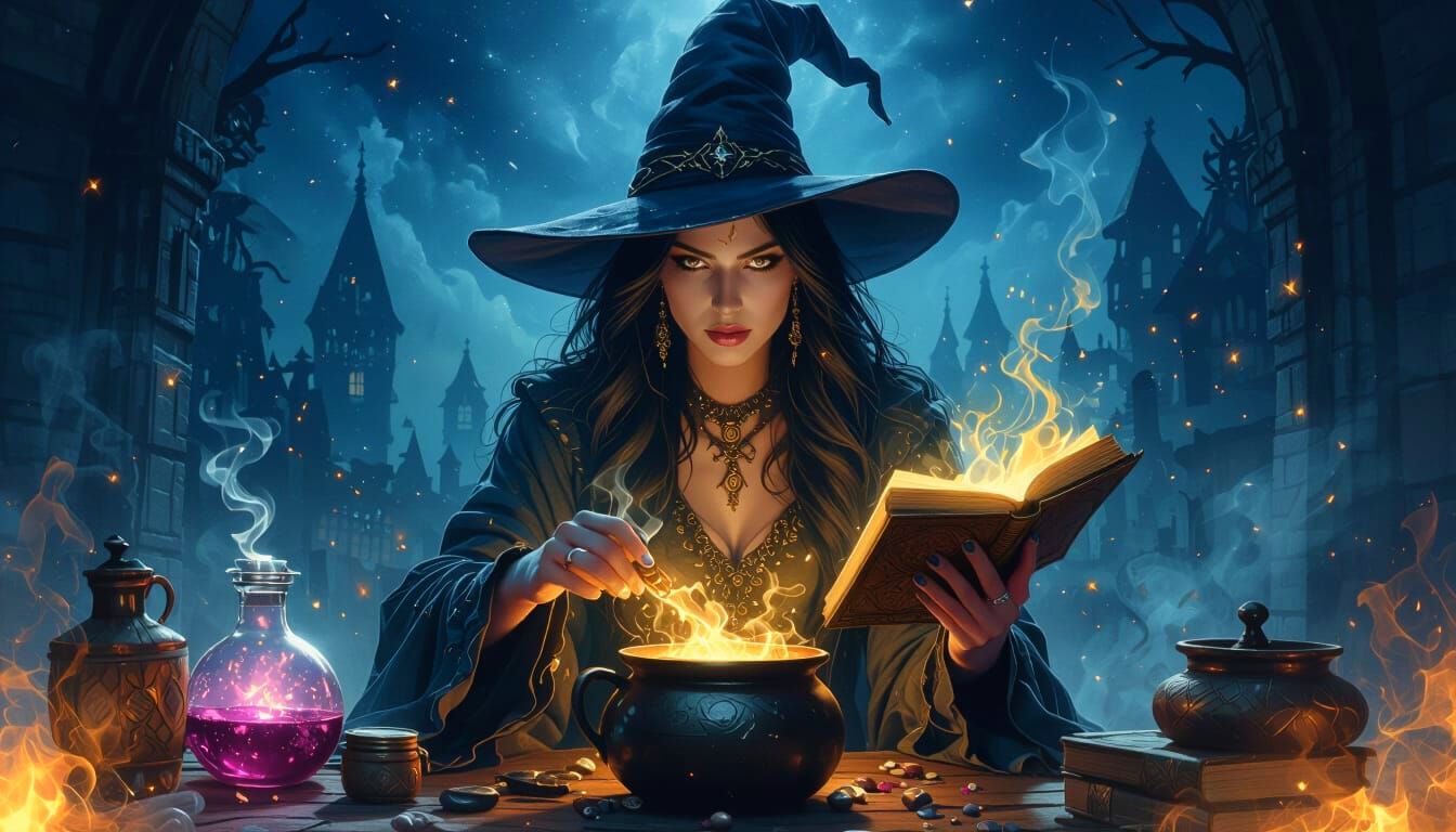 Mysterious Witch Brewing Potions Under Night Sky