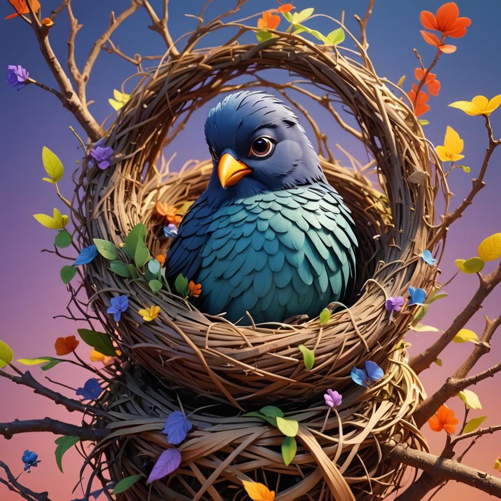 A Bird in Elegant Gown Stands Guard on Its Nest