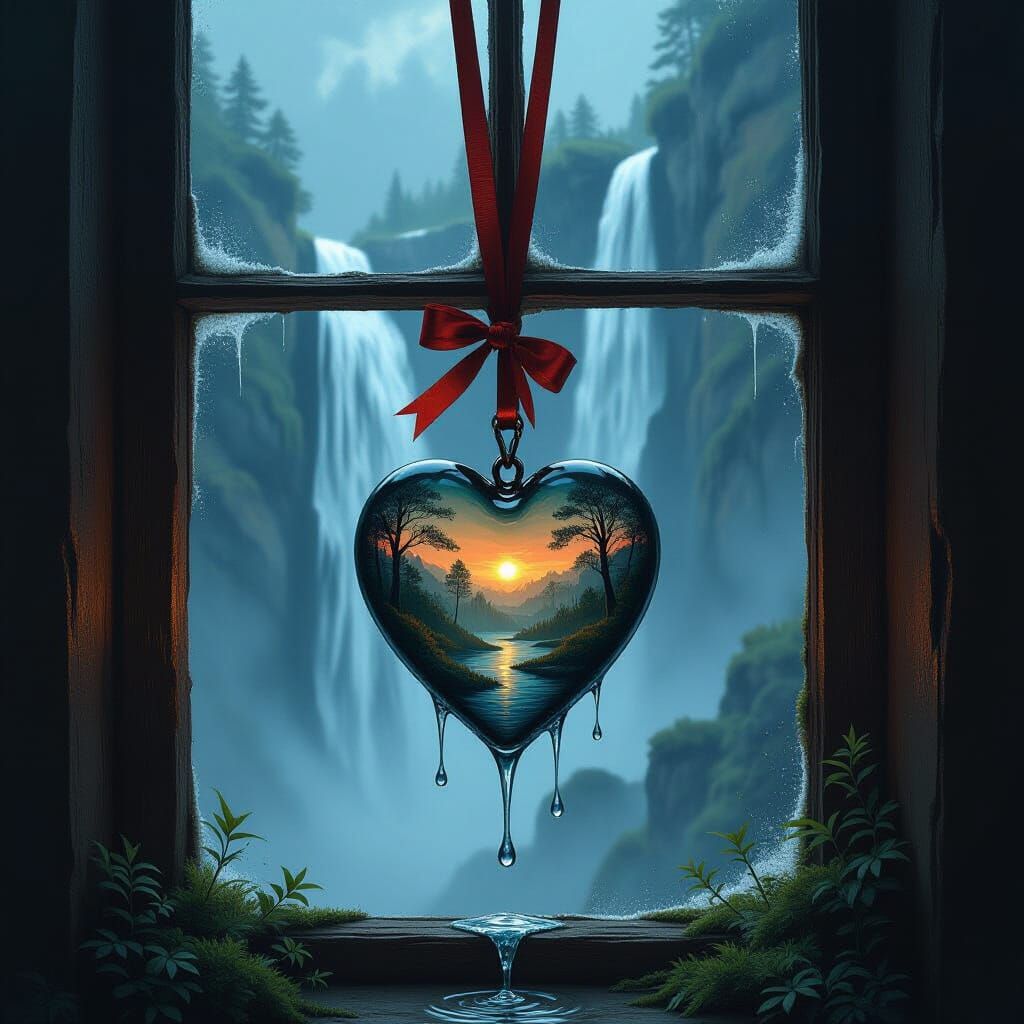 Glass Heart Pendant with Waterfall in Mystical Style