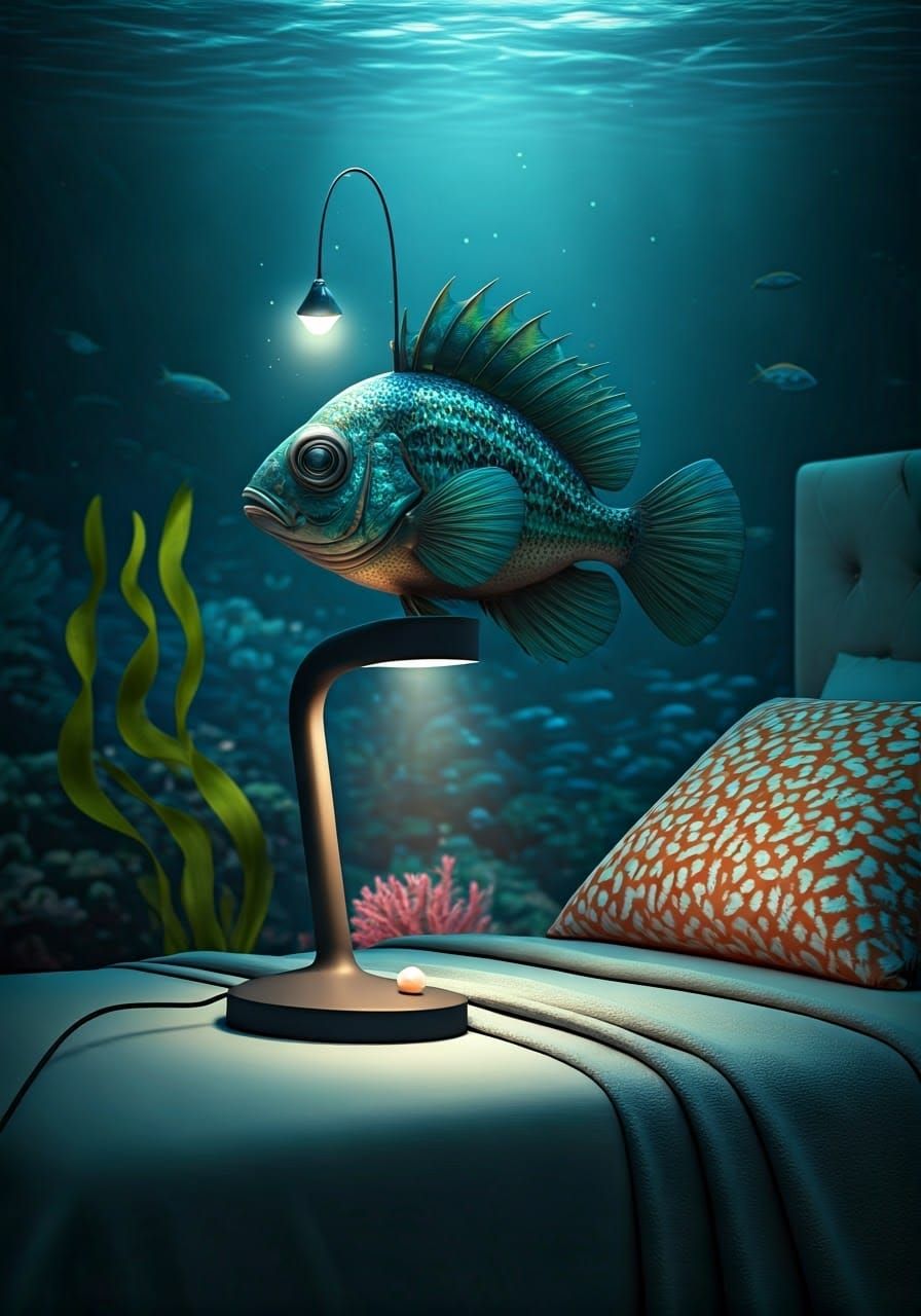 An Iridescent Lantern Fish Sits Majestically in a Whimsical....