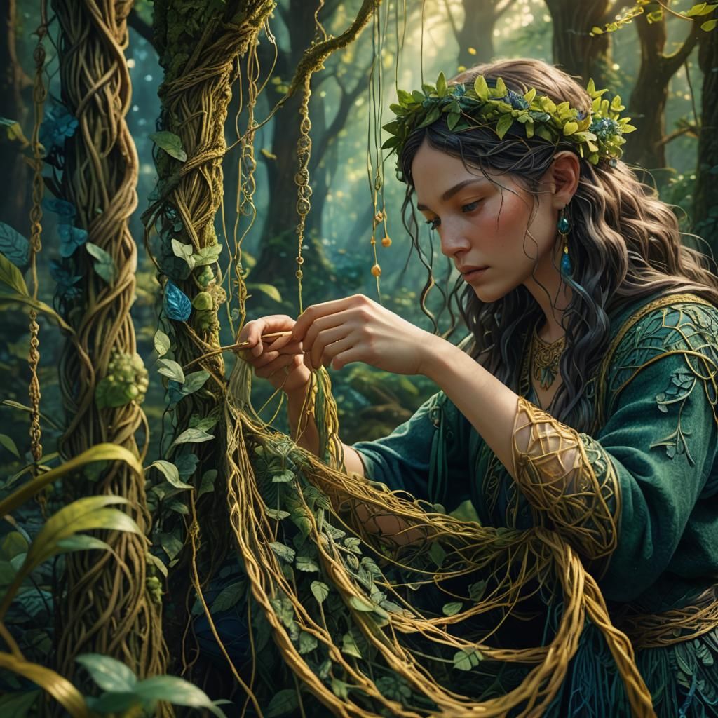 Whimsical Macramé Weaver in an Emerald Forest