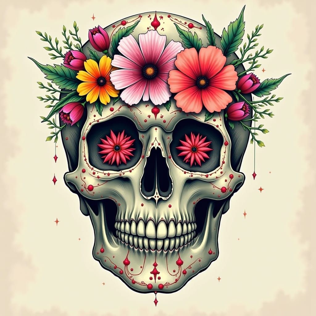 Surreal Tribal Skull with Floral Eyes in Hygge Vibe