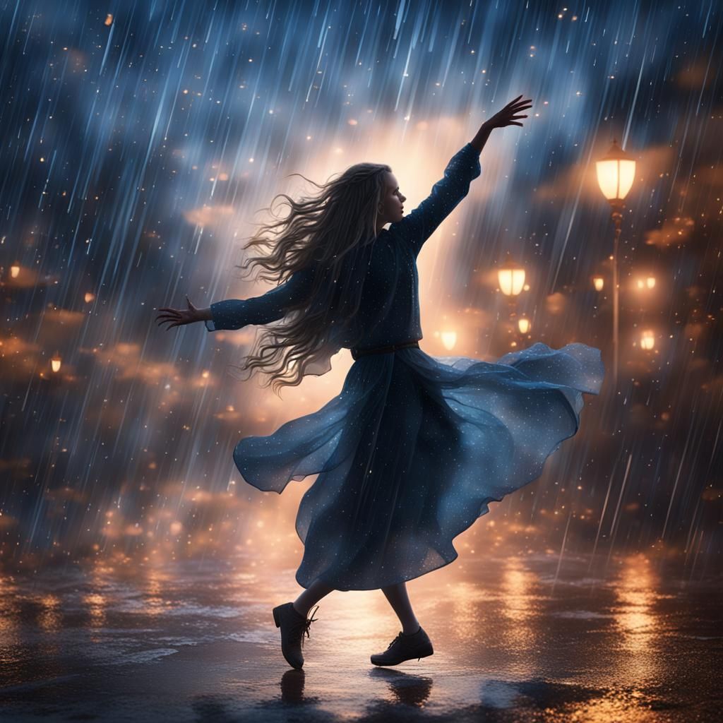 Ethereal Woman Dances in Nighttime Rain, Detailed Matte Pain...