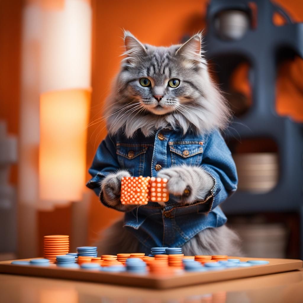 Cute Cat Playing Solitaire in Orange Room