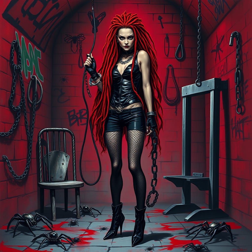 Dominatrix in Red Dreadlocks and Black Leather, Dungeon Scen...