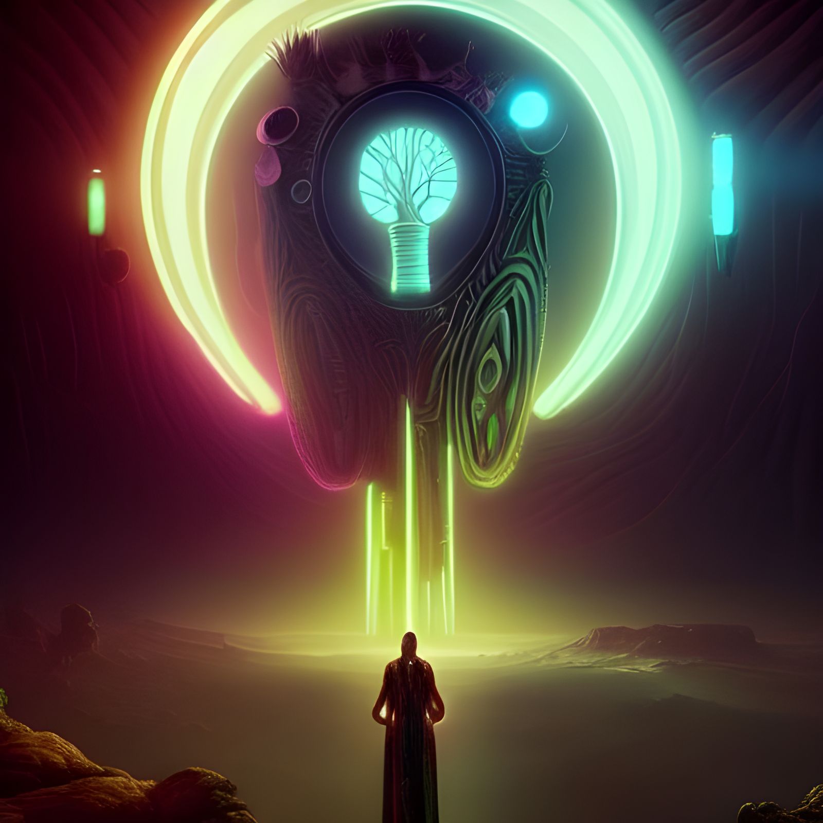 Cyberpunk Cosmic Tree of Life Blooms in Neon-lit Space