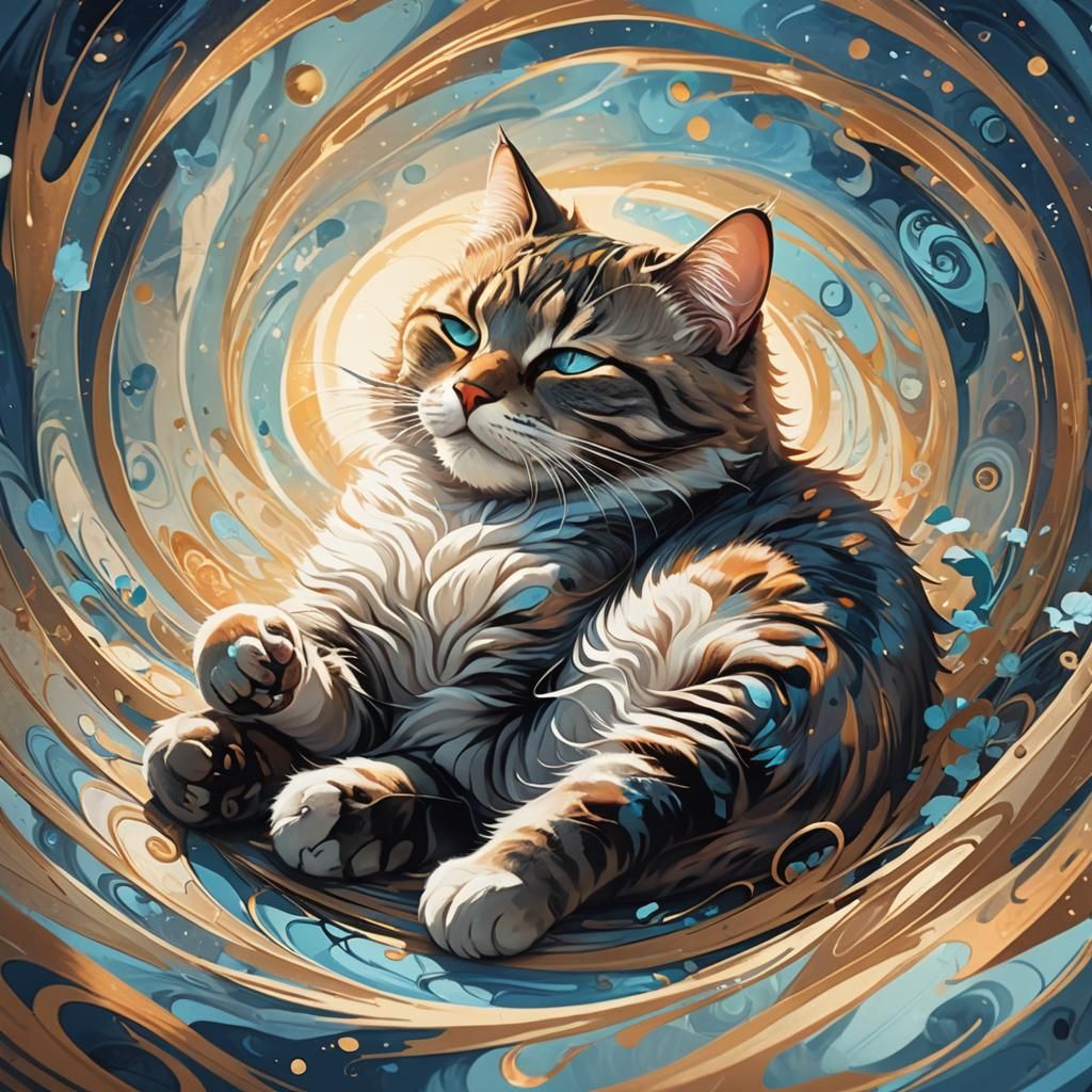 Sleeping Cat in Vibrant Whimsical Dreamscapes