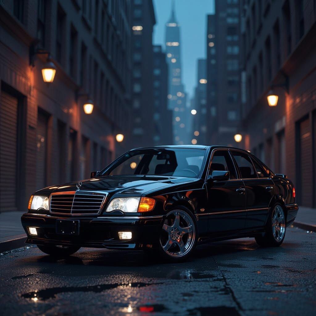 Mafia-Themed 2000s Mercedes in Gritty Cityscape