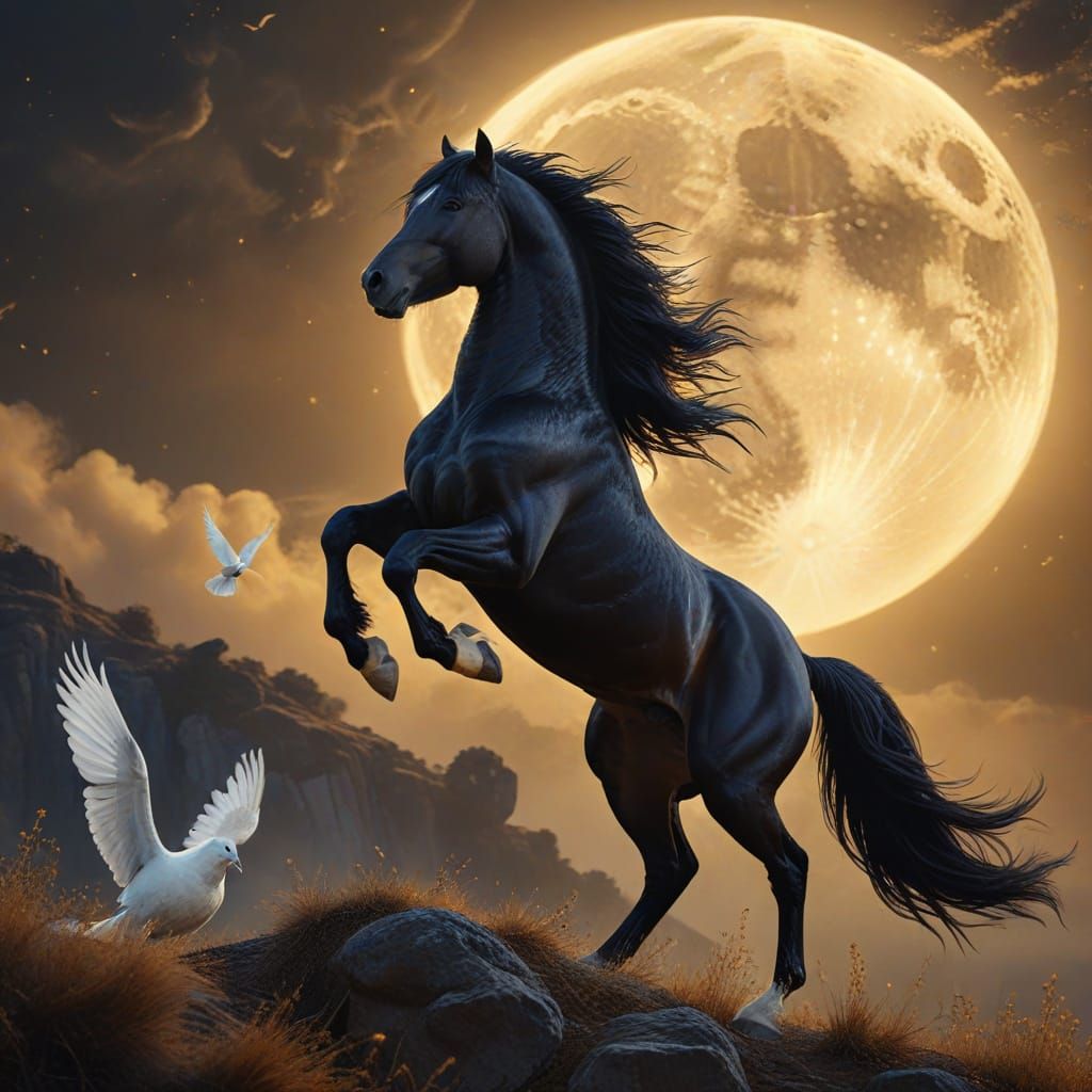 Majestic Stallion Rears Under Moonlight: Cinematic Oil Paint...