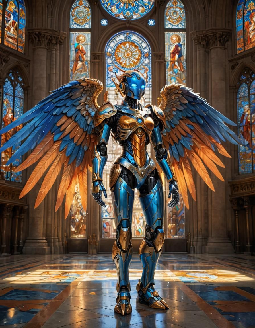 Cyber Angel Triumphant in Stained Glass Cathedral