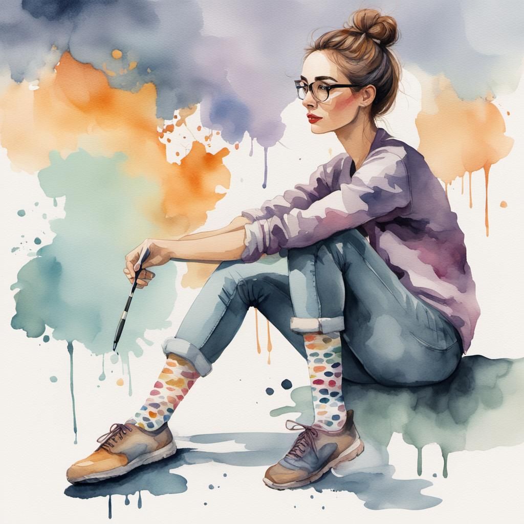 Whimsical Watercolor Artist Captured in Creative Moment