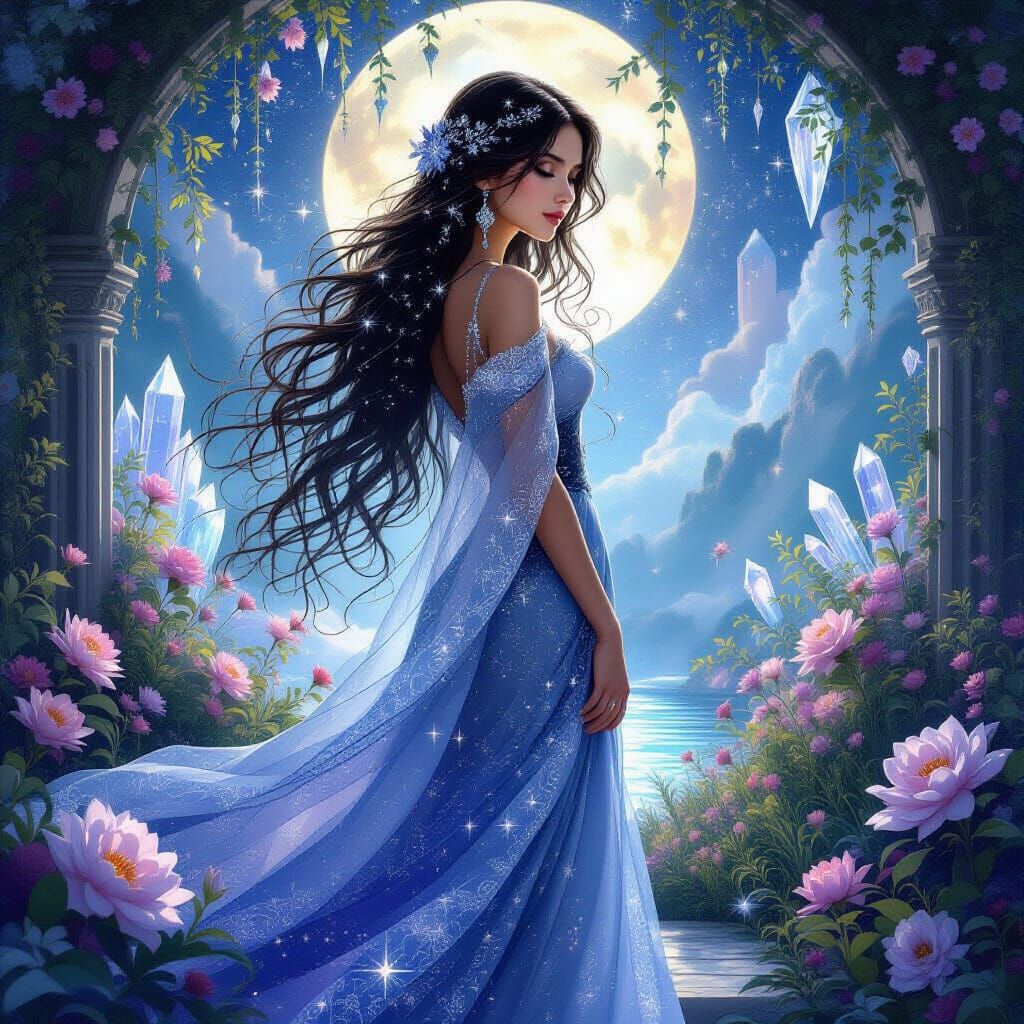 Celestial Goddess in a Luminous Garden, Art Nouveau Style