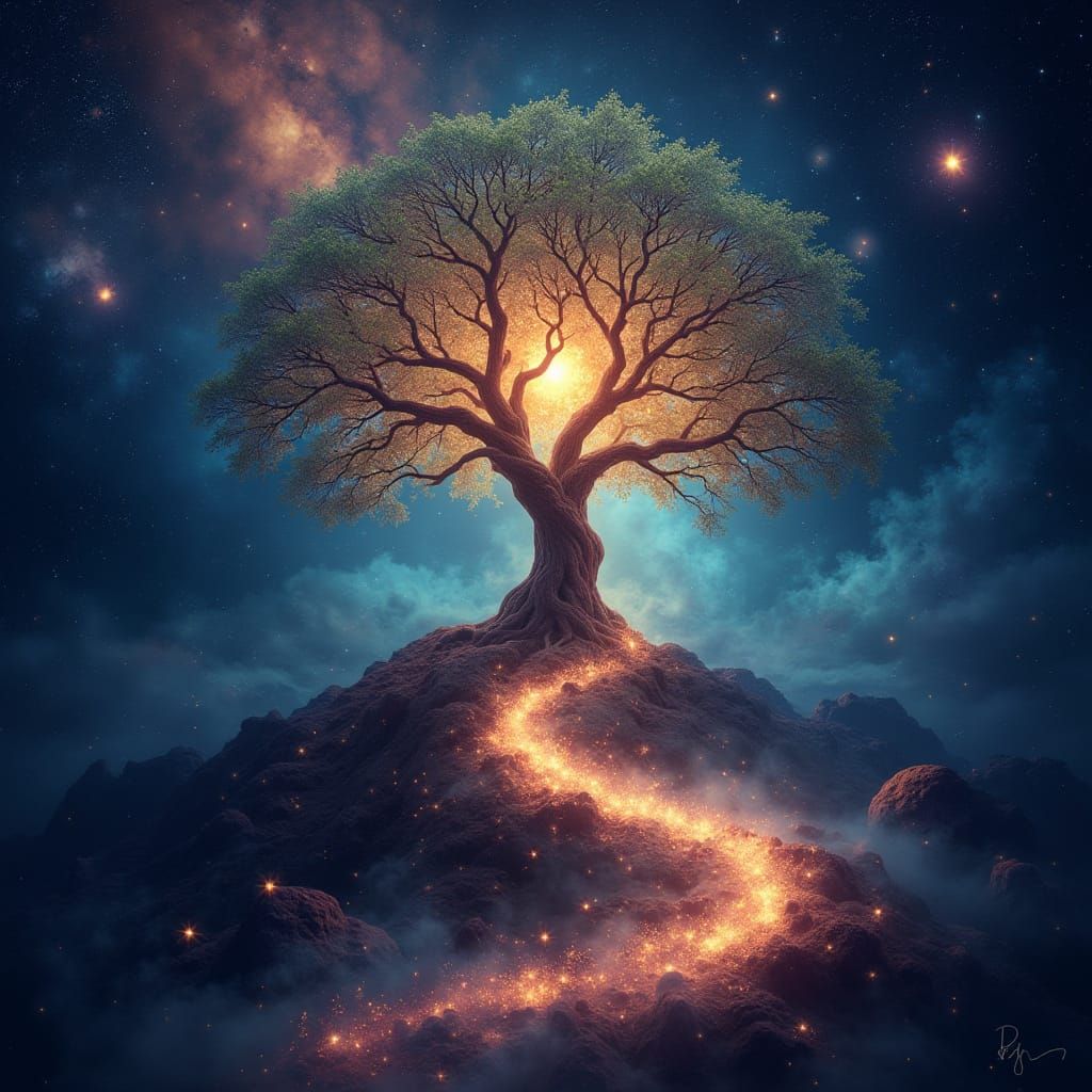 Cosmic Tree of Life in Vibrant Digital Painting Style