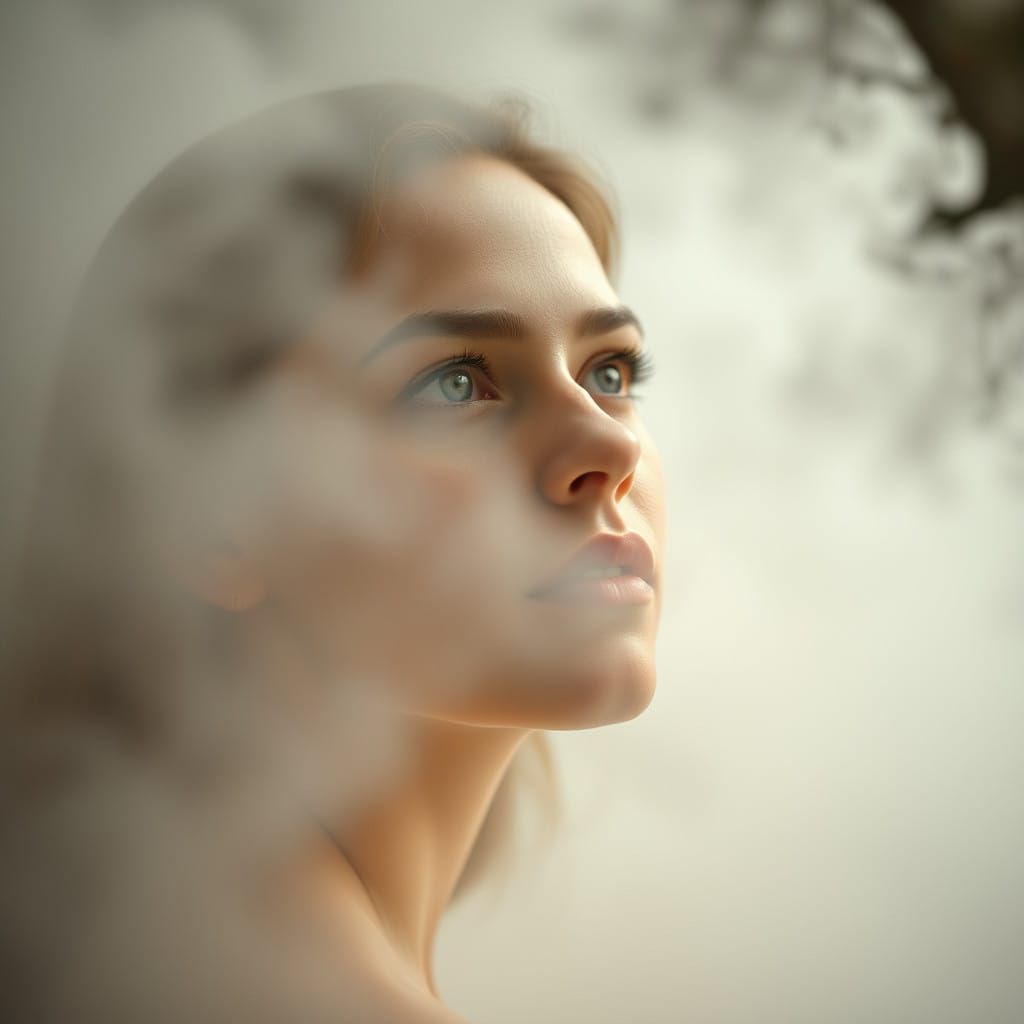 Ethereal Portrait in Soft Focus, Blending into the Misty Atm...