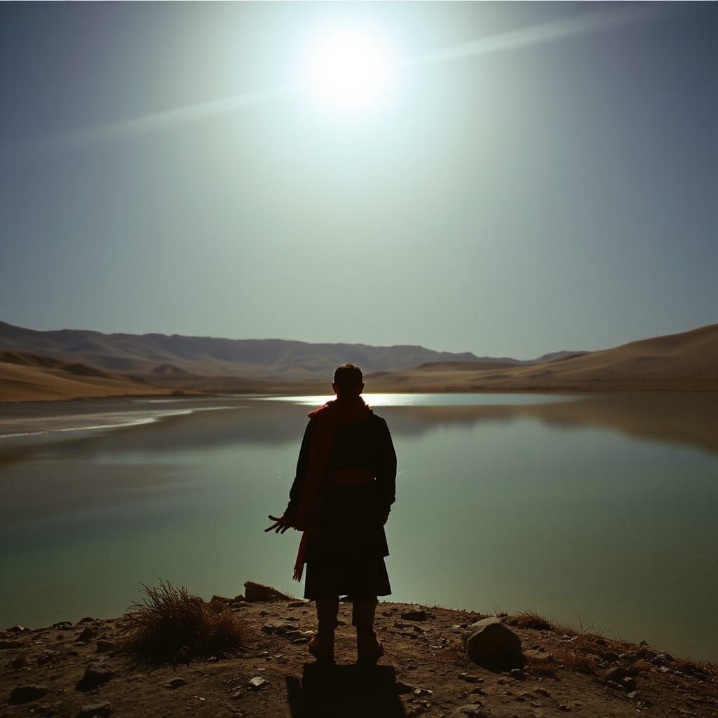 Mongolian Figure Under Moonlight in Surrealist Style