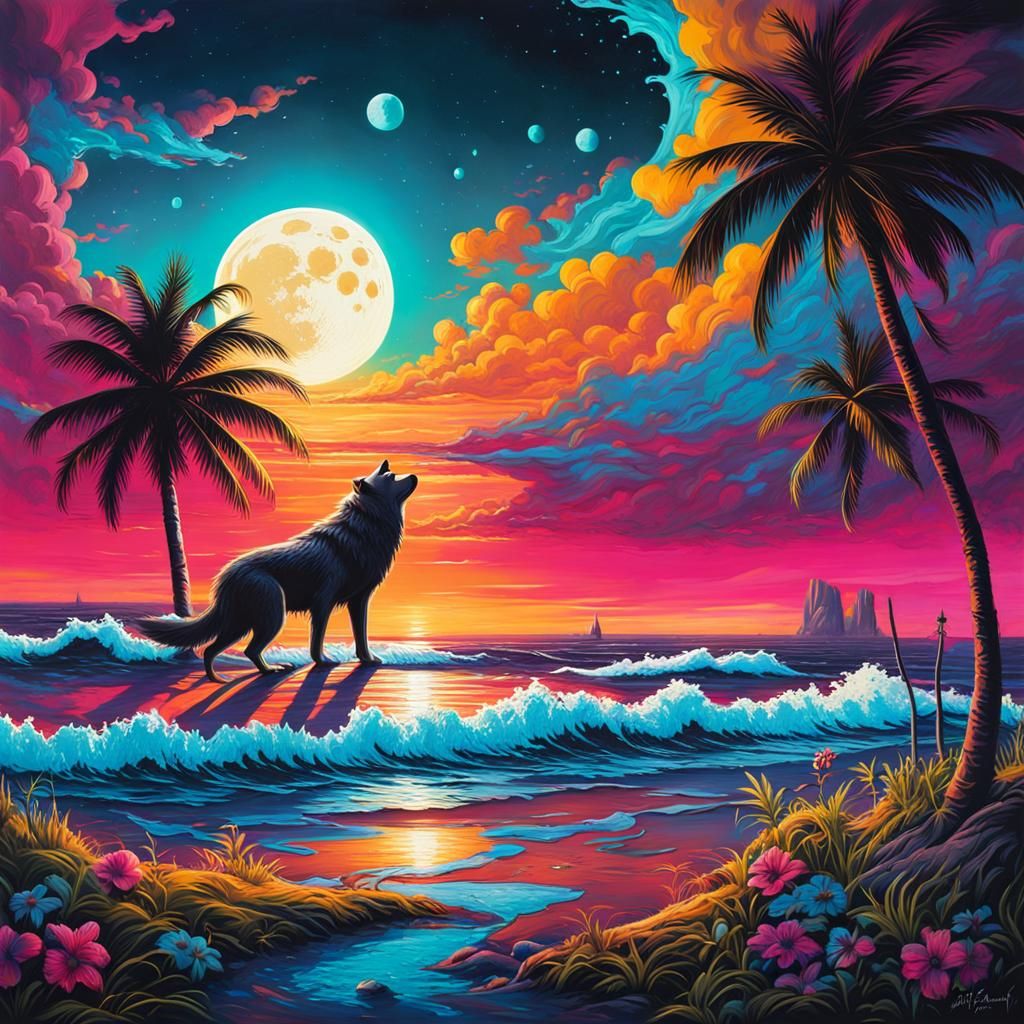 Vibrant Full Moon Beach Scene with a Dire Wolf in Graffiti S...