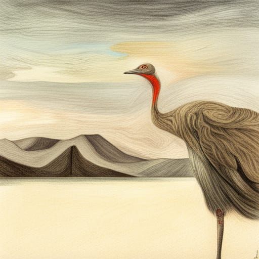 Surreal Ostrich at the South Pole in Colour Pencil Style