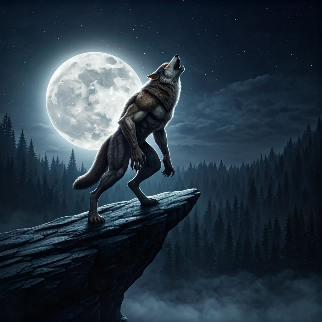 Majestic Werewolf Howling on Moonlit Cliff: Epic Fantasy Art