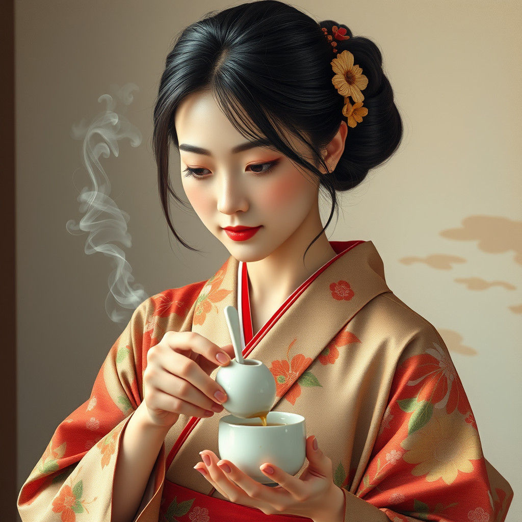 Elegant Japanese Woman Pours Tea in Traditional Floral Kimon...