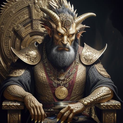 A wise, old, dragon clansman with intricate scales and piercing eyes sits perched on a throne.