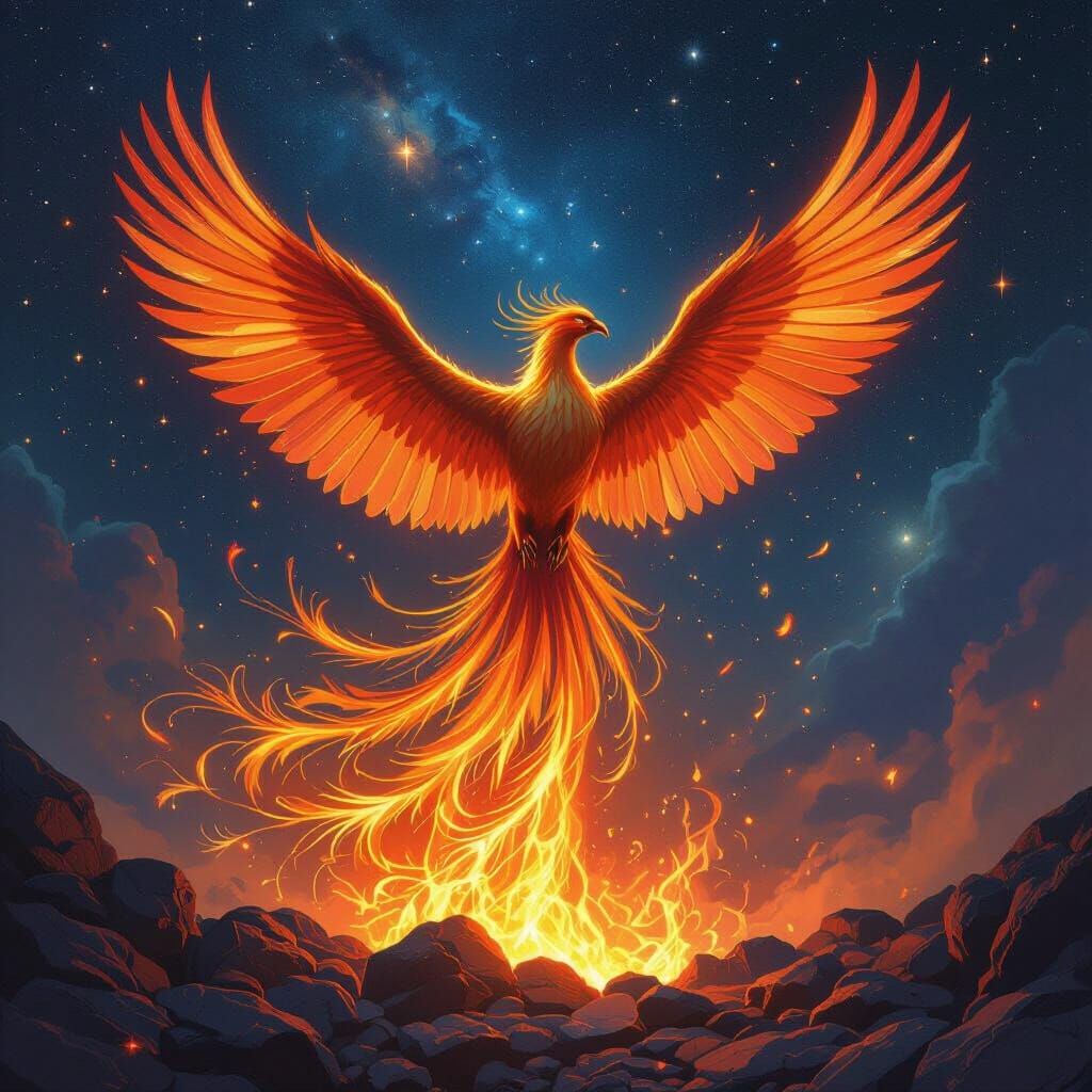 Majestic Phoenix Rises from Embers in Fantasy Art Style
