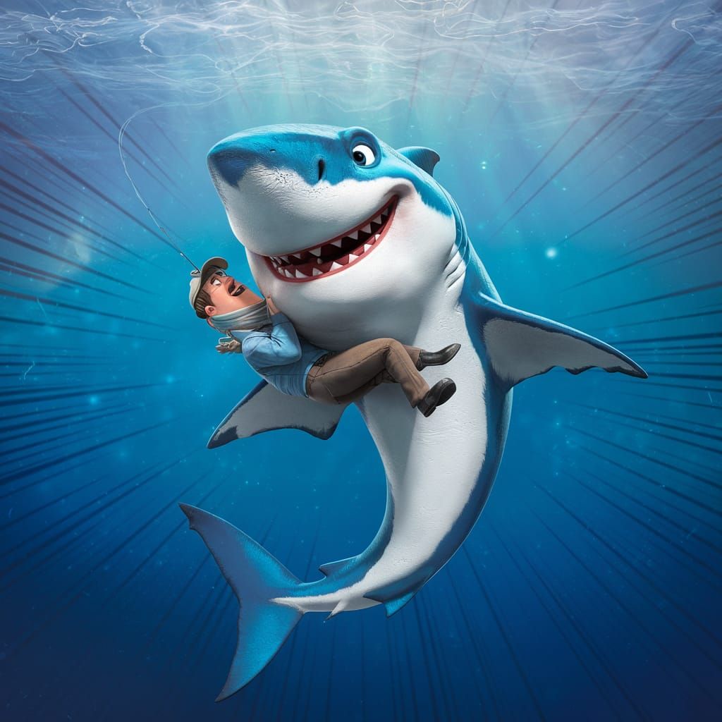 Smiling Megladon Shark Poses with Catch in Vibrant Underwate...