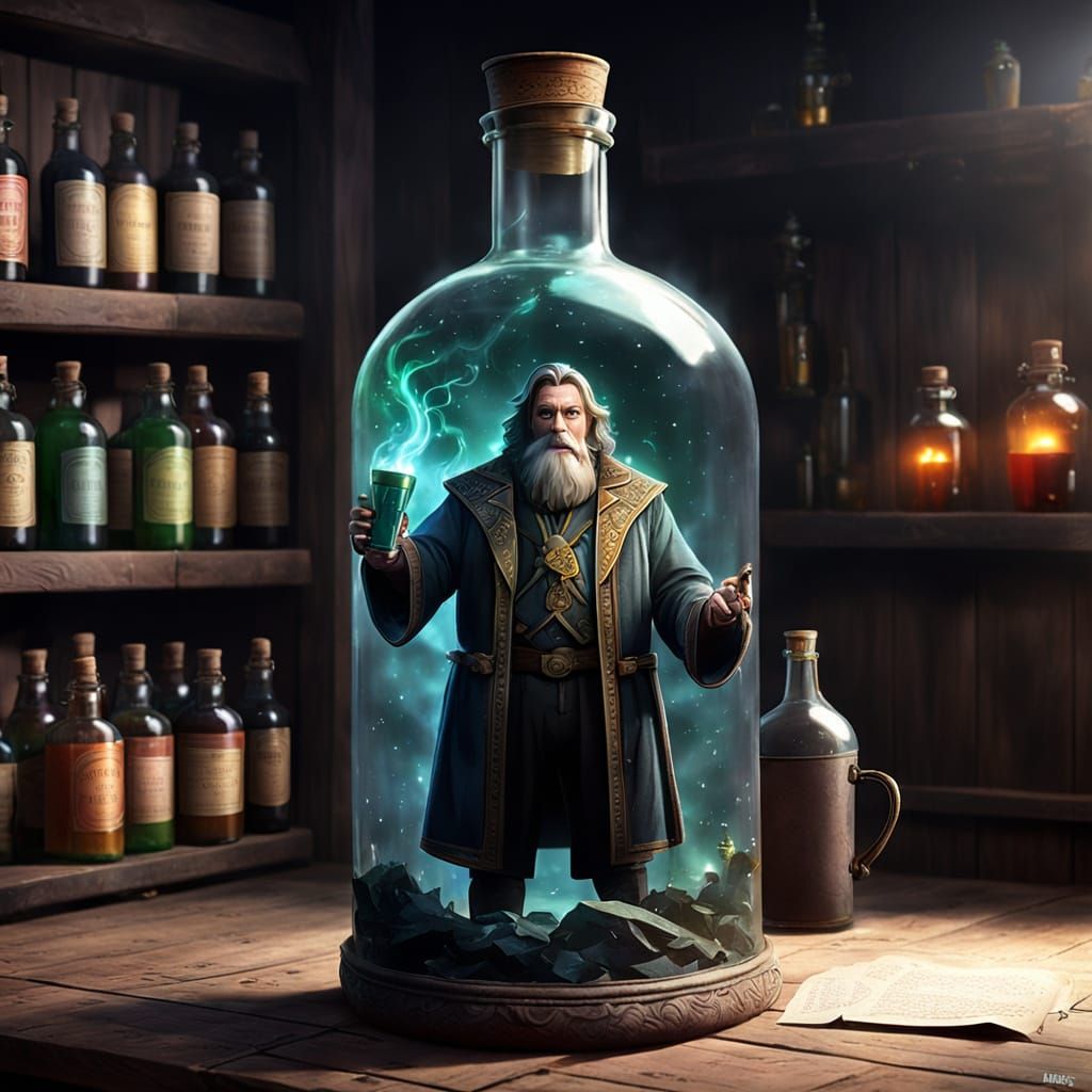 A Man Stands Beside a Towering Wizard's Elixir Bottle