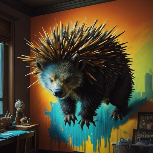 Vibrant Porcupine Lair in Hyperrealistic Splash Art Style
