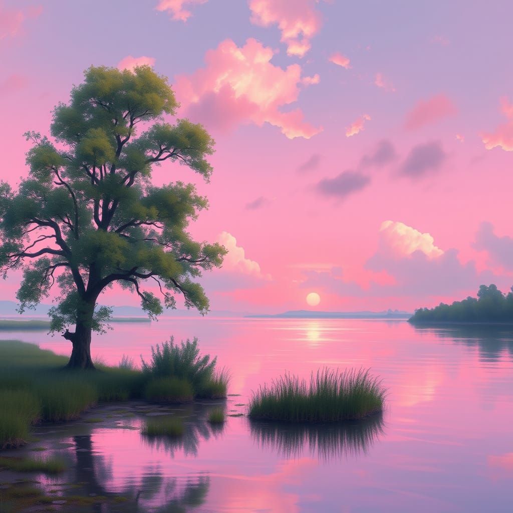 Dreamy Pink River Landscape at Dusk