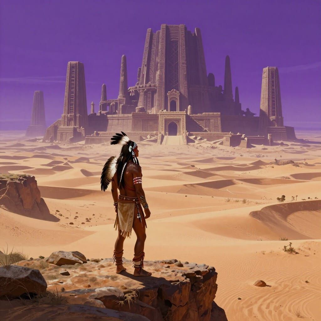 Native Warrior on Alien Cliff Overlooking Ruins
