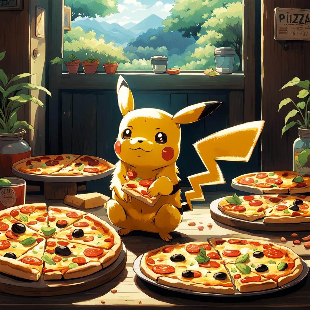 Pikachu Enjoying Pizza in a Vibrant Studio Ghibli-Inspired S...