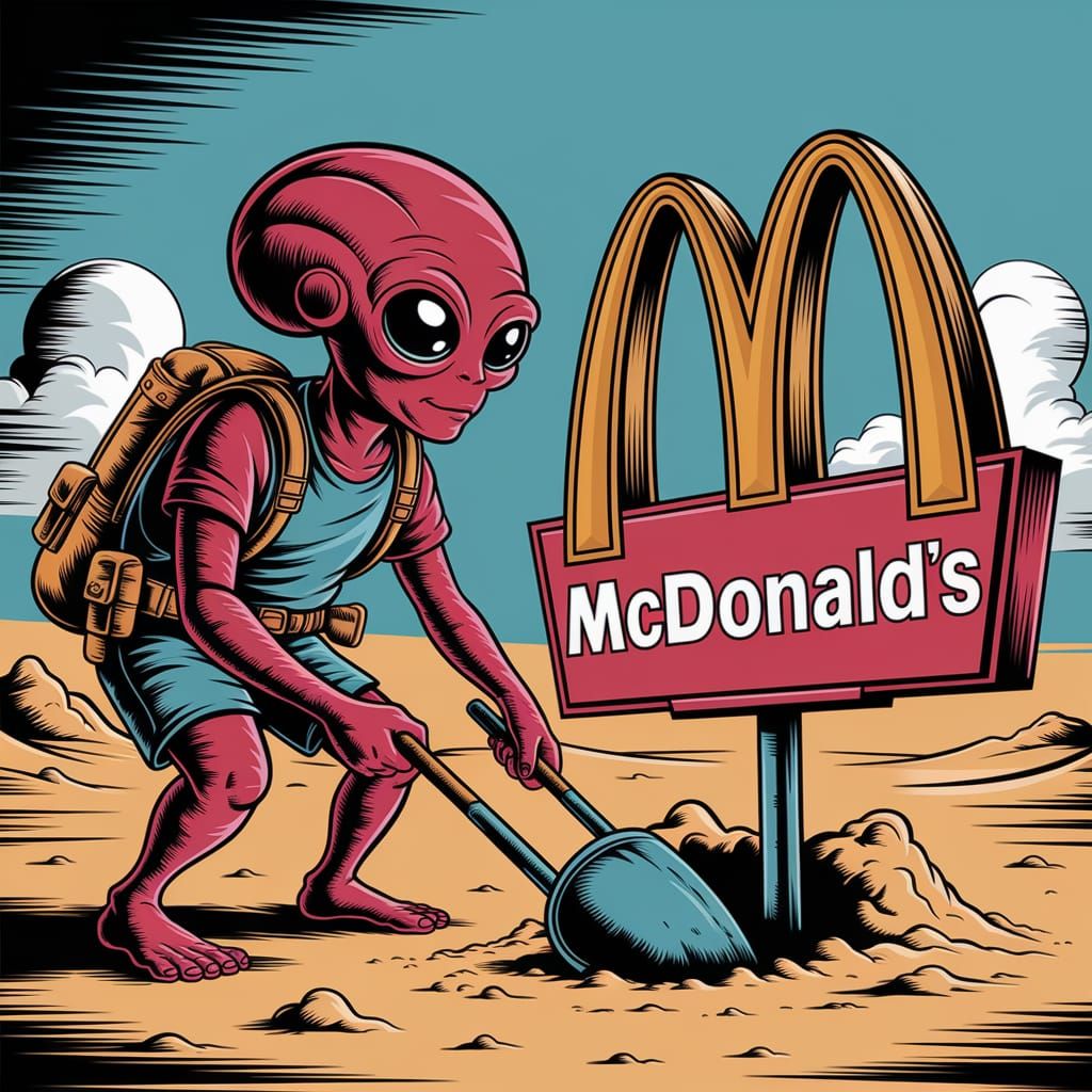 A benevolent red alien archaeologist digging in the sand and...