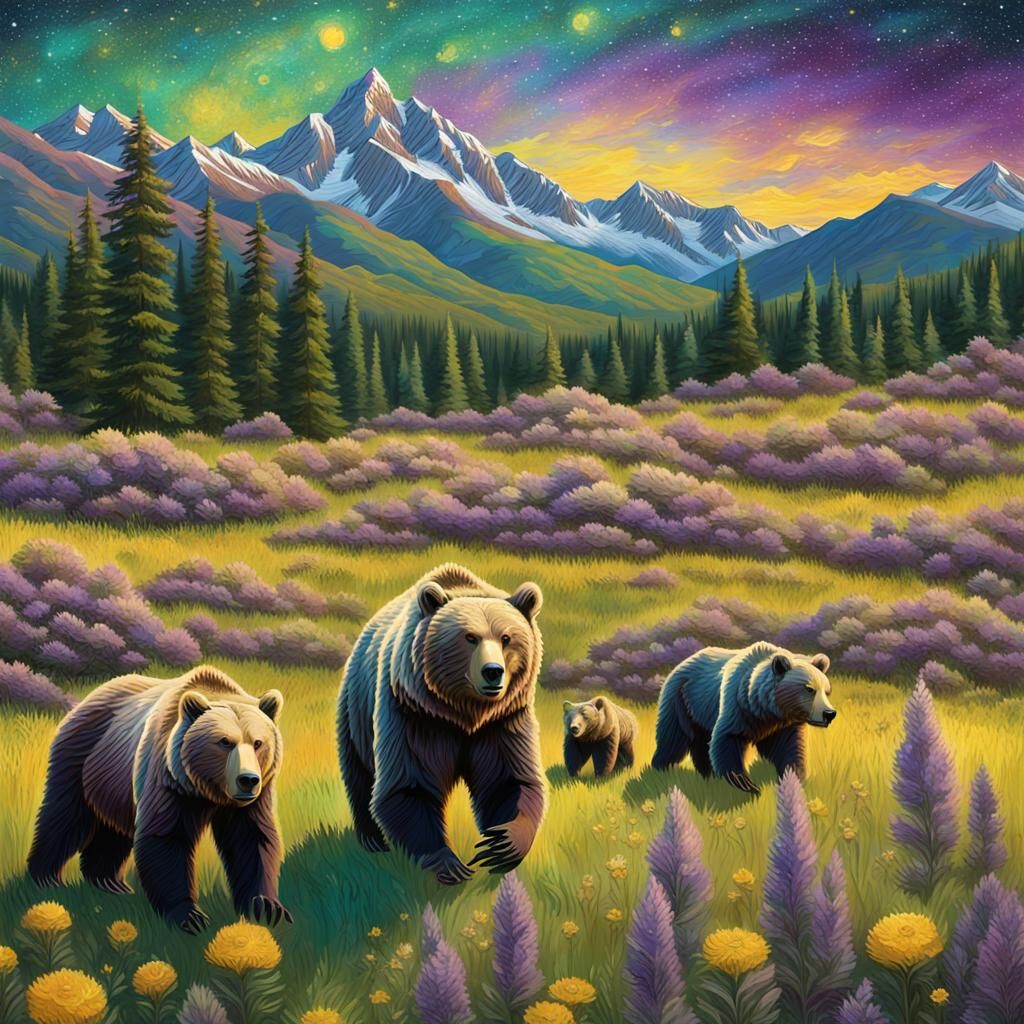 Vibrant Grizzly Bears Emerge into a Mountain Meadow in Impas...