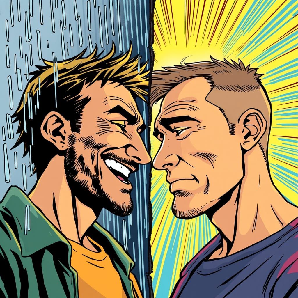 Contrasting Emotions: Men in Comic Book Style
