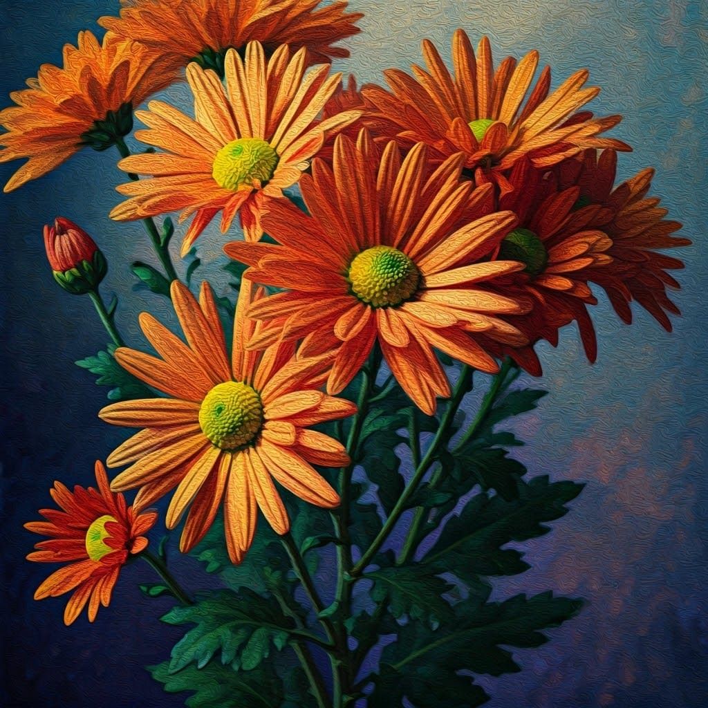 Vibrant Orange Chrysanthemum Flowers in Pointillism